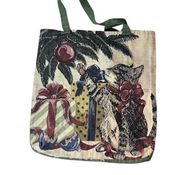 Vintage Tapestry Cat Christmas Tote Bag With Green Back & Handles - Picture 1 of 10